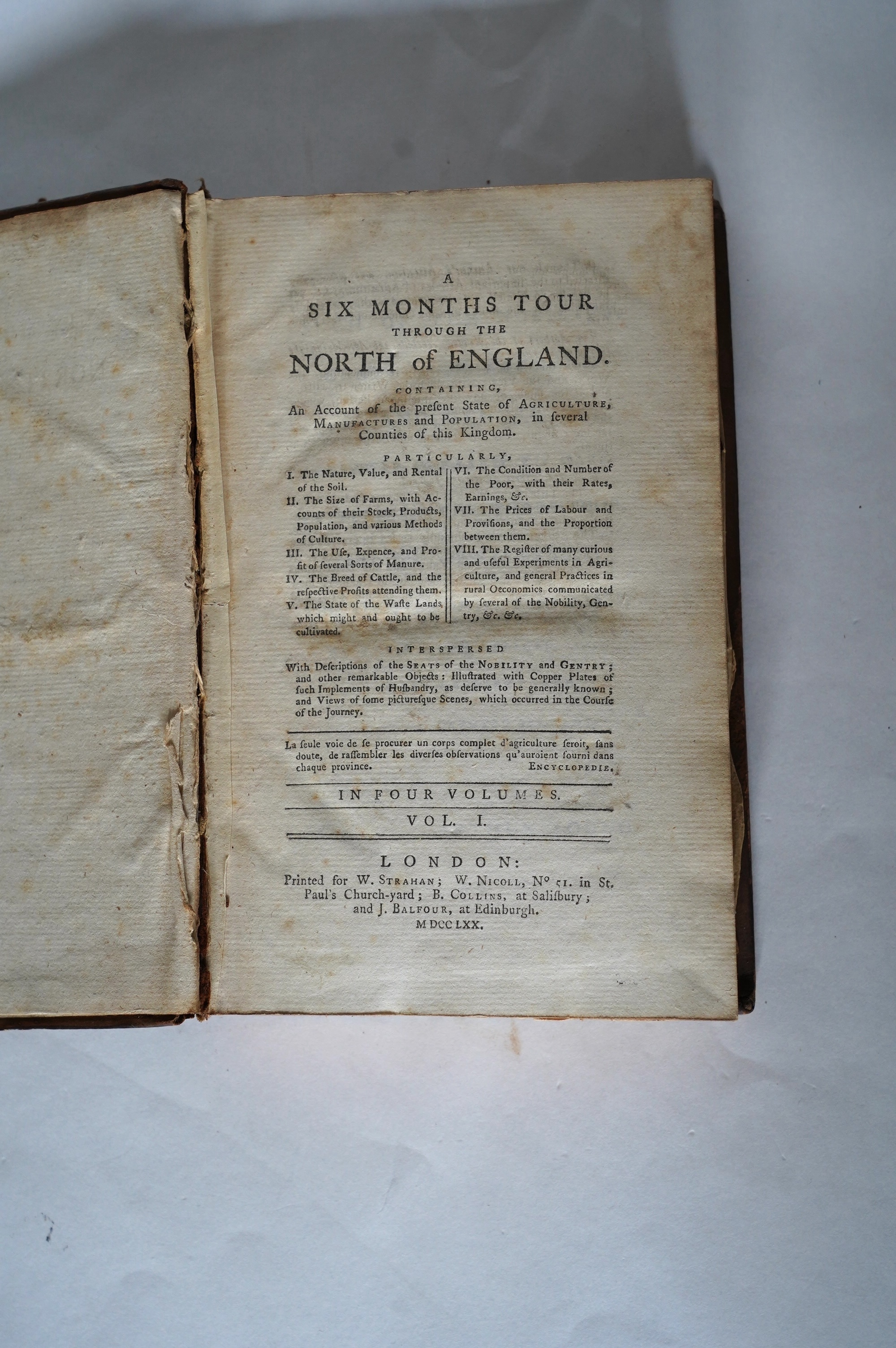 Young, Arthur - A Six Months Tour through the North of England. 1st edition, 4 vols. 28 plates (some folded, incl. a map of the Bridgewater Canal) and 6 folded tables; contemp. calf. 1770